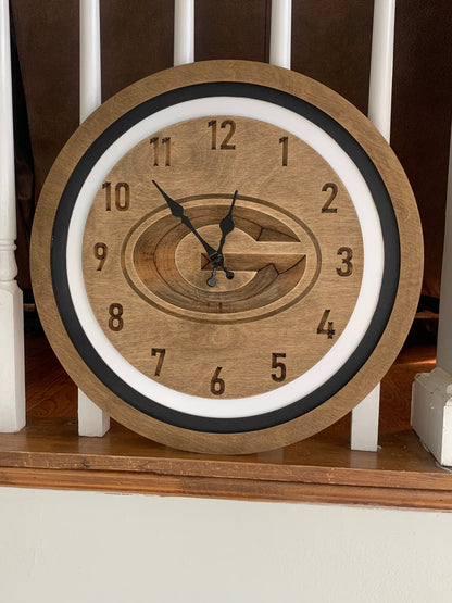 UGA Themed Engraved Clock, 18" Wood Clock, Customizable with your favorite team