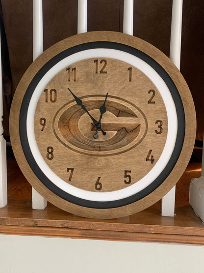 UGA Themed Engraved Clock, 18" Wood Clock, Customizable with your favorite team