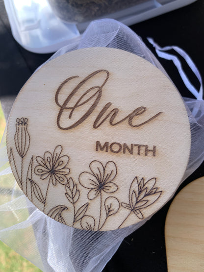 Baby Monthly Milestone Marker Discs with Personalization, Engraved Wood Monthly Milestone Markers