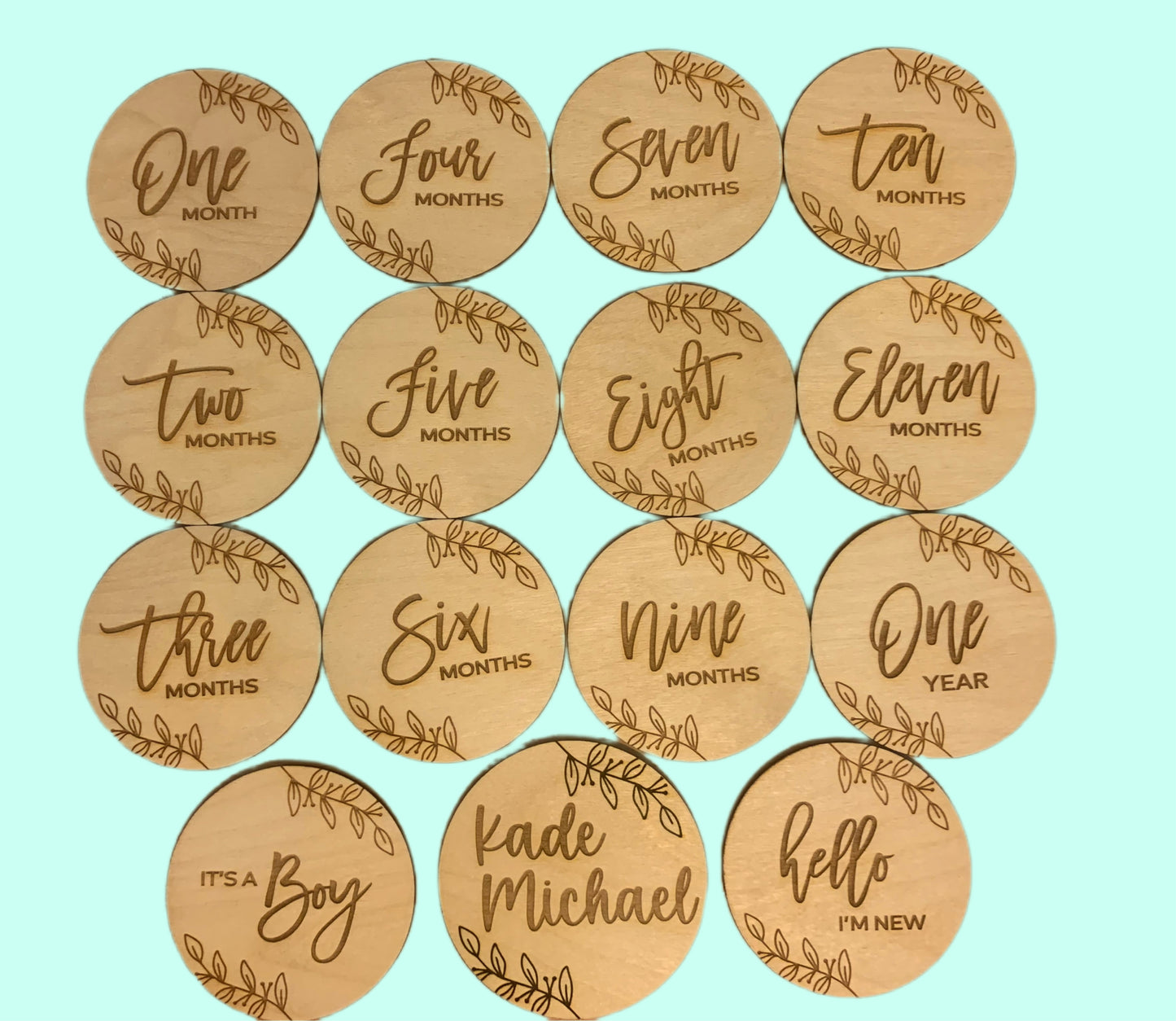 Baby Monthly Milestone Marker Discs with Personalization, Engraved Wood Monthly Milestone Markers