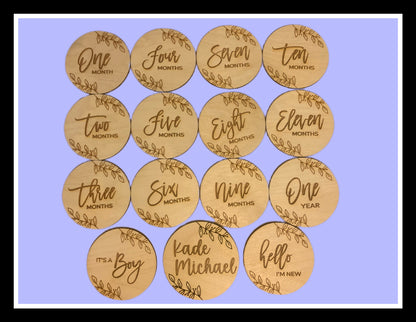 Baby Monthly Milestone Marker Discs with Personalization, Engraved Wood Monthly Milestone Markers