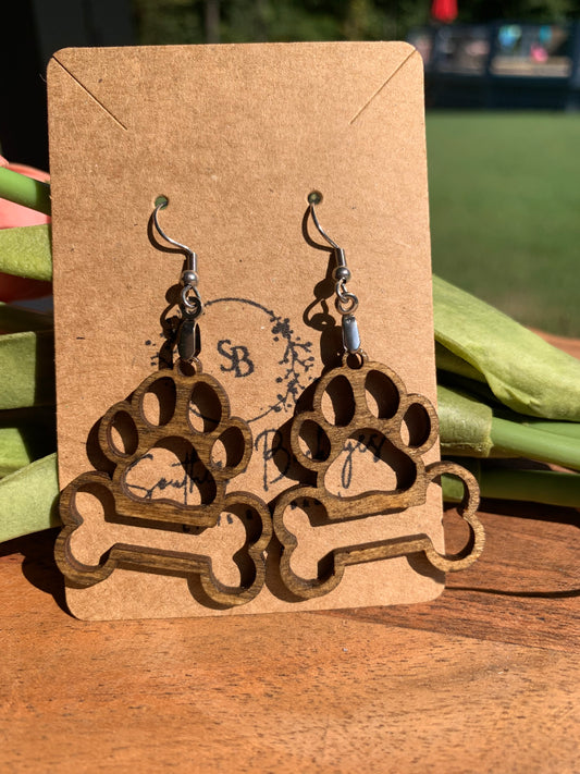 Lightweight Wood Dog Earrings-Cute Animal Earrings-Dog Lover Earrings-Paw with Bone