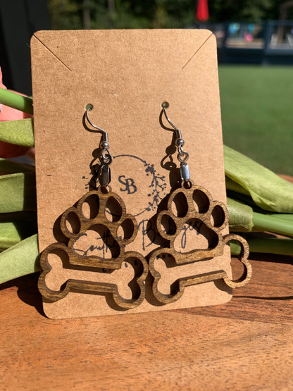 Lightweight Wood Dog Earrings-Cute Animal Earrings-Dog Lover Earrings-Paw with Bone