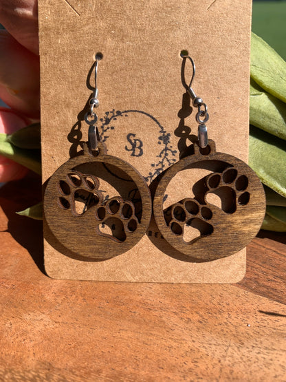 Lightweight Wood Dog Earrings-Cute Animal Earrings-Dog Lover Earrings-Round Double Paw