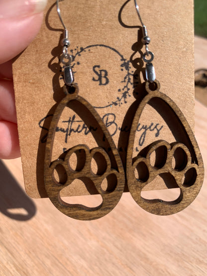 Lightweight Wood Dog Earrings-Cute Animal Earrings-Dog Lover Earrings-Round Double Paw