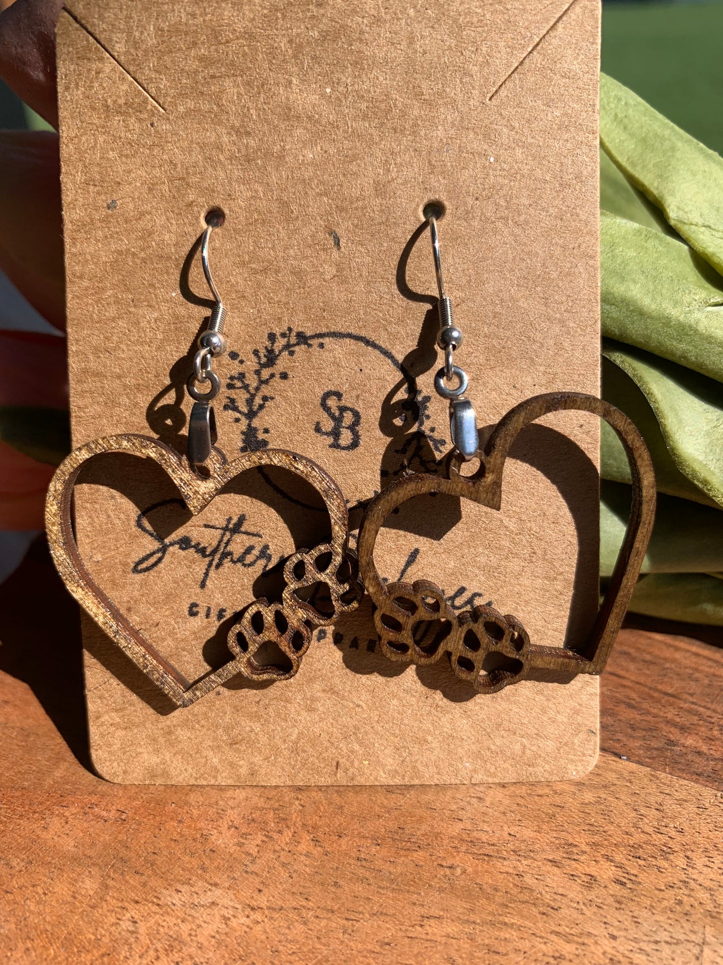 Lightweight Wood Dog Earrings-Cute Animal Earrings-Dog Lover Earrings-Heart Double Paw