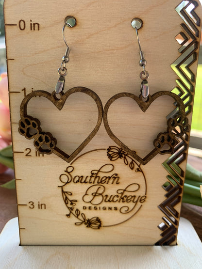 Lightweight Wood Dog Earrings-Cute Animal Earrings-Dog Lover Earrings-Heart Double Paw