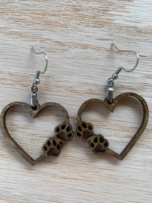 Lightweight Wood Dog Earrings-Cute Animal Earrings-Dog Lover Earrings-Heart Double Paw