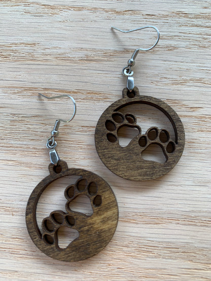 Lightweight Wood Dog Earrings-Cute Animal Earrings-Dog Lover Earrings-Round Double Paw