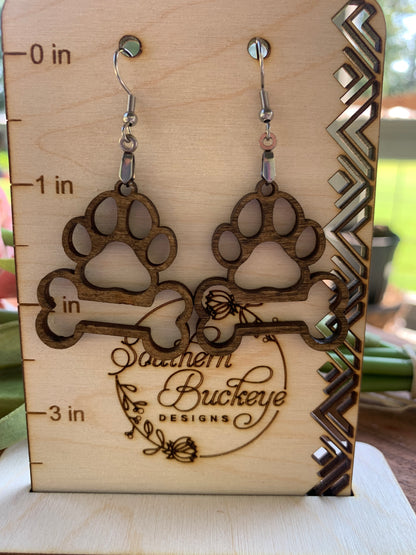 Lightweight Wood Dog Earrings-Cute Animal Earrings-Dog Lover Earrings-Paw with Bone