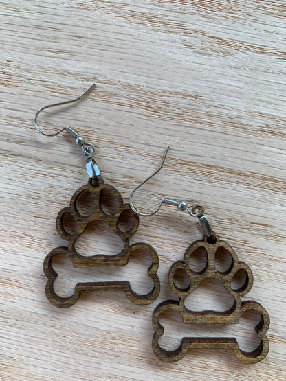 Lightweight Wood Dog Earrings-Cute Animal Earrings-Dog Lover Earrings-Paw with Bone