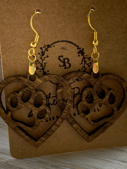 Lightweight Wood Dog Earrings-Cute Animal Earrings-Dog Lover Earrings-Paw Heart